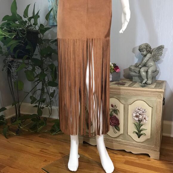 Hippie Boho Bohemian Faux Suede Fringe Skirt Sz S - Picture 1 of 9